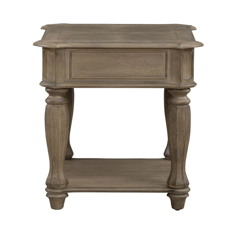 Antique White Distressed Wood End Table with Drawer and Lower Shelf
