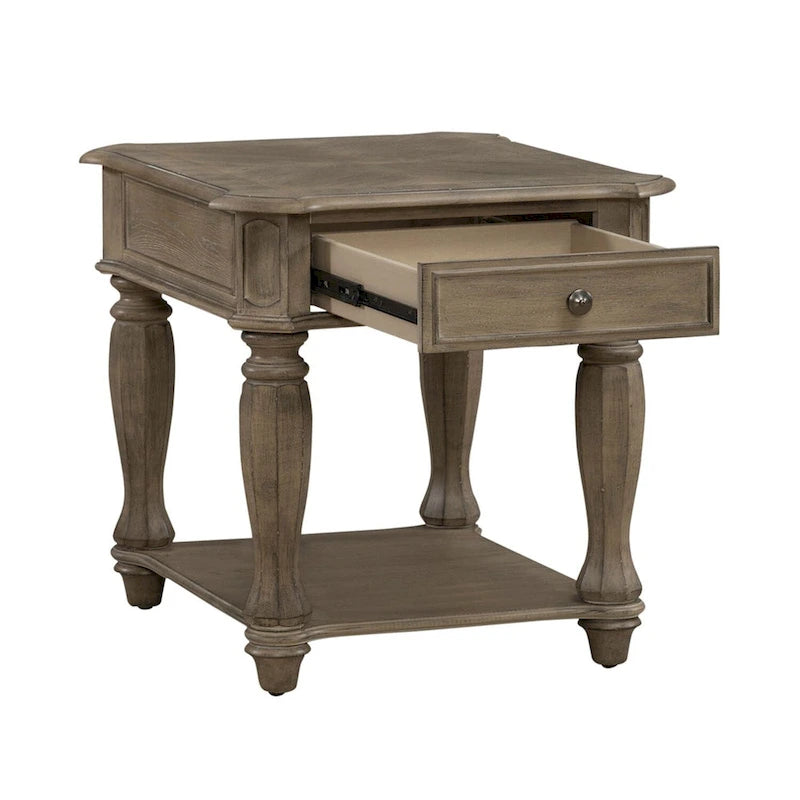 Antique White Distressed Wood End Table with Drawer and Lower Shelf