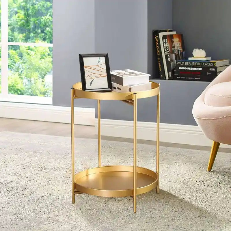Adeco Side Table 2-Tier Metal Round End Table with Removable Tray - 17.5(D)x 17.5(W)x 20.7(H)