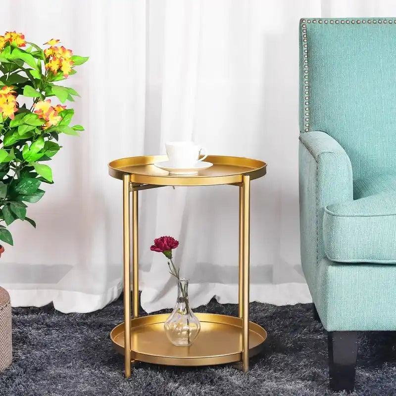 Round Metal Side Table with Removable Tray Two-Tier Gold Black End Table