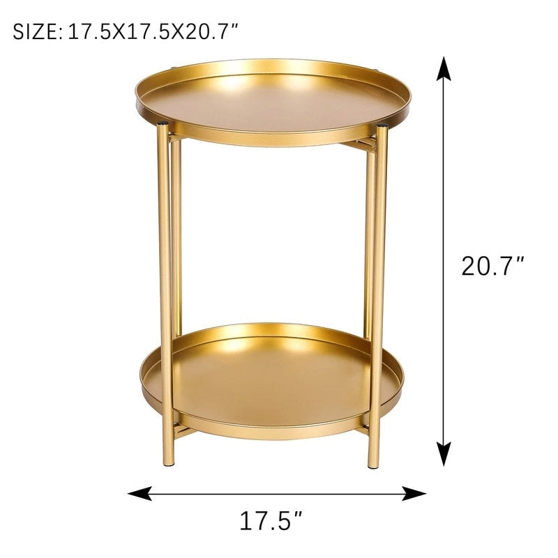 Round Metal Side Table with Removable Tray Two-Tier Gold Black End Table
