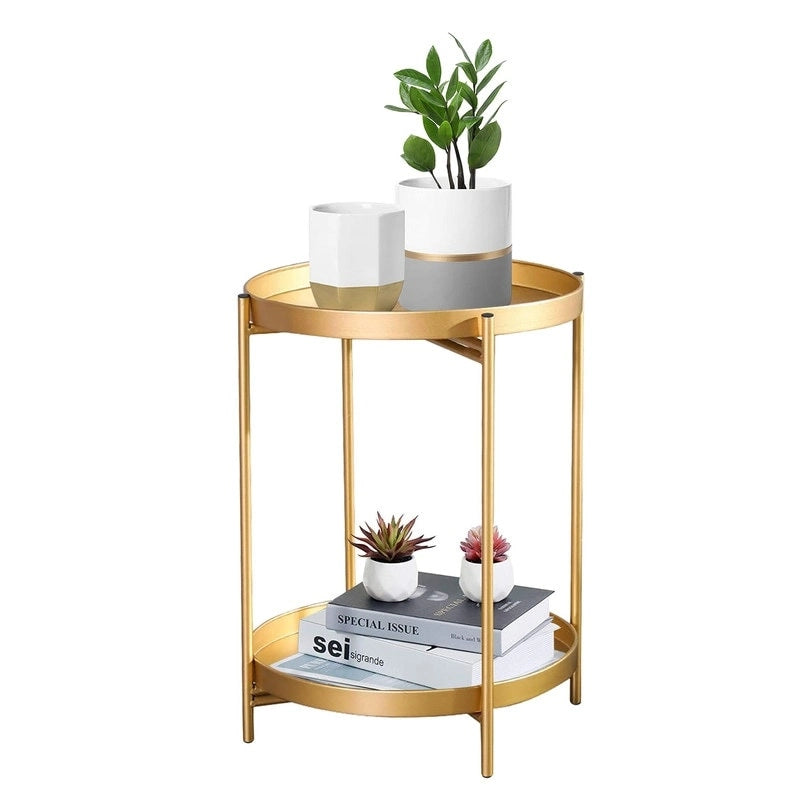 Round Metal Side Table with Removable Tray Two-Tier Gold Black End Table