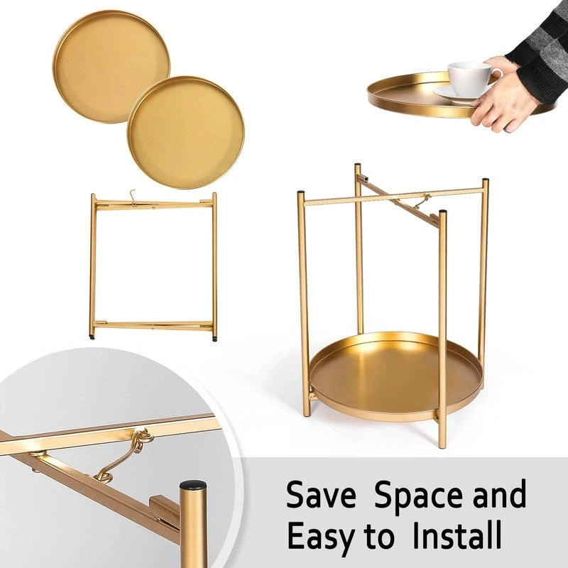 Round Metal Side Table with Removable Tray Two-Tier Gold Black End Table