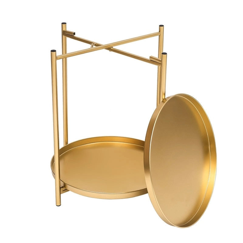 Round Metal Side Table with Removable Tray Two-Tier Gold Black End Table