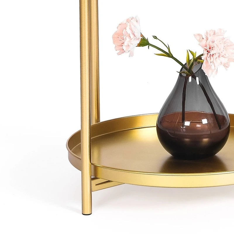 Round Metal Side Table with Removable Tray Two-Tier Gold Black End Table