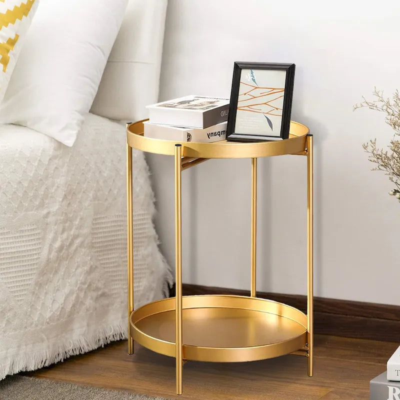 Round Metal Side Table with Removable Tray Two-Tier Gold Black End Table