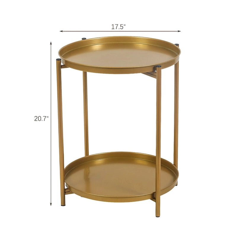 Round Metal Side Table with Removable Tray Two-Tier Gold Black End Table