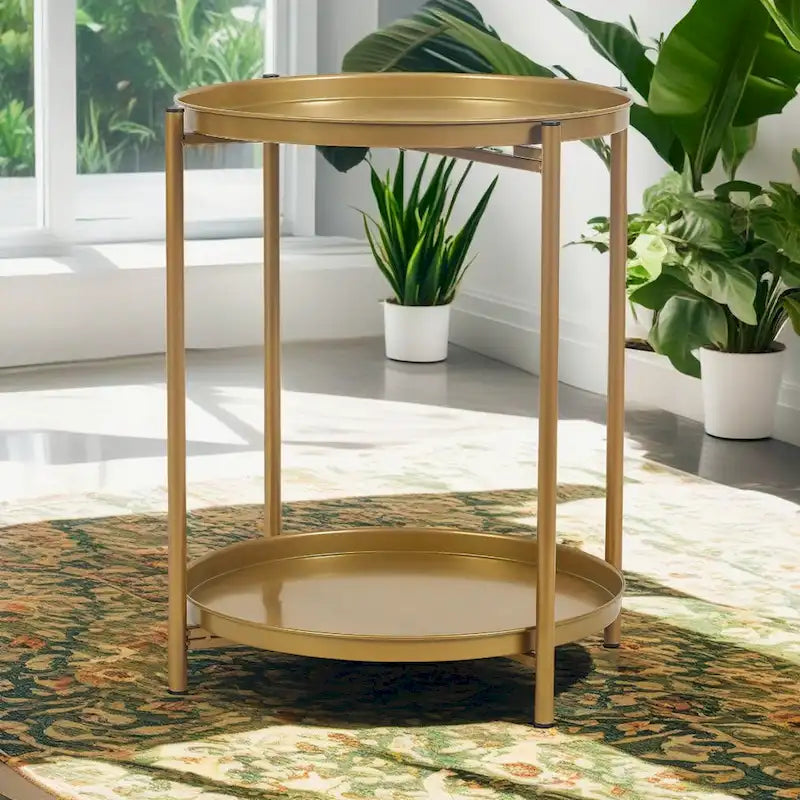 Round Metal Side Table with Removable Tray Two-Tier Gold Black End Table