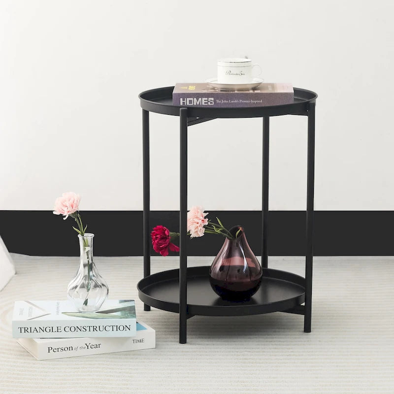 Round Metal Side Table with Removable Tray Two-Tier Gold Black End Table