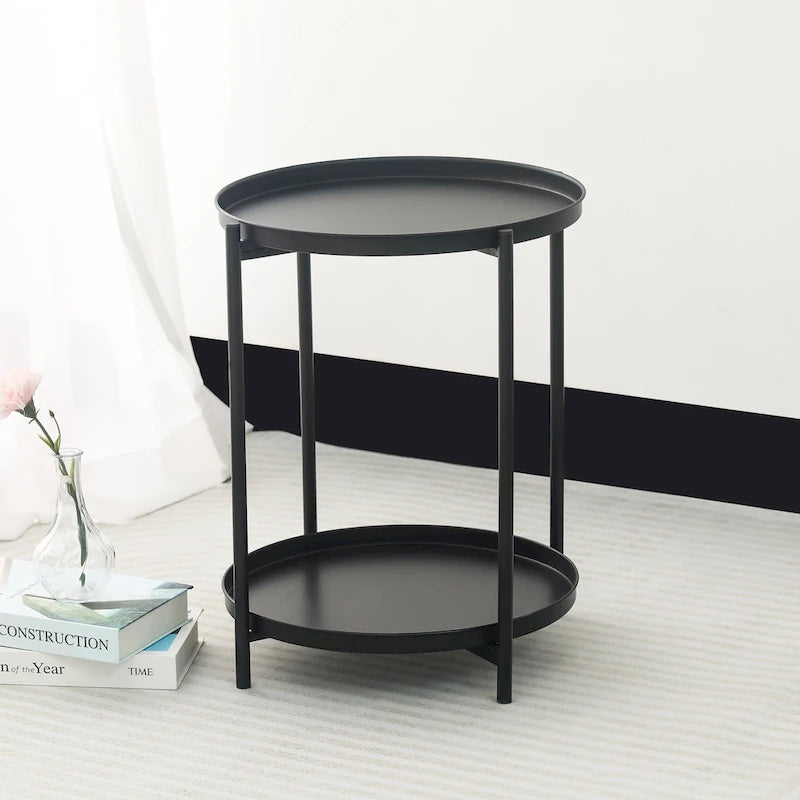 Round Metal Side Table with Removable Tray Two-Tier Gold Black End Table