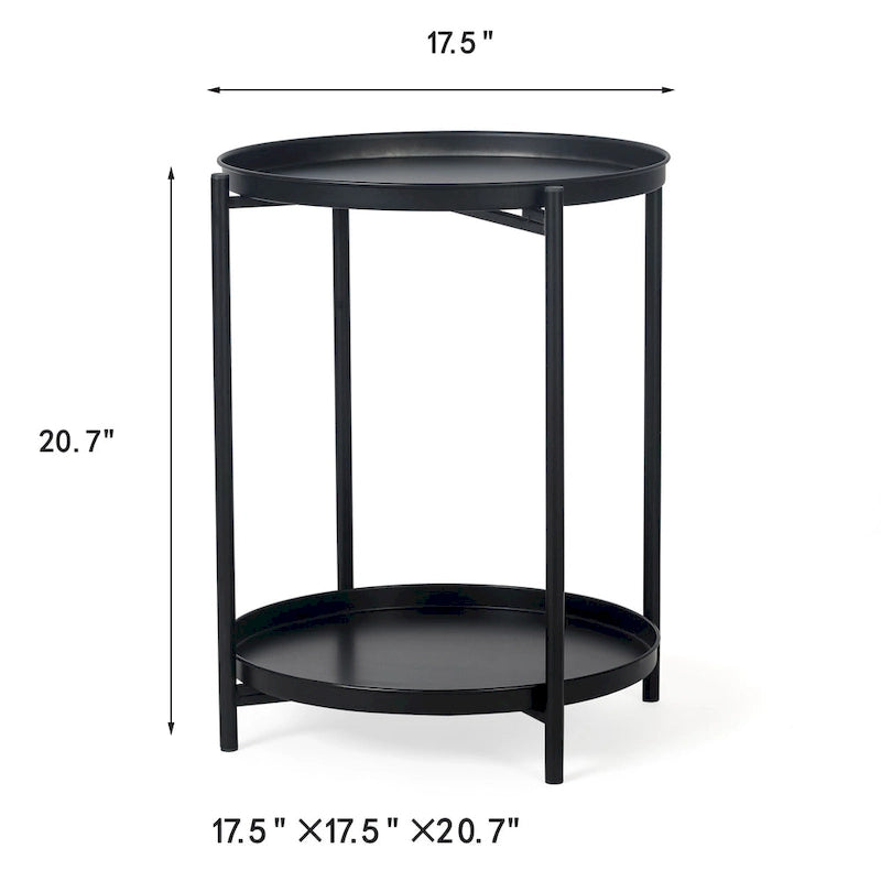 Round Metal Side Table with Removable Tray Two-Tier Gold Black End Table