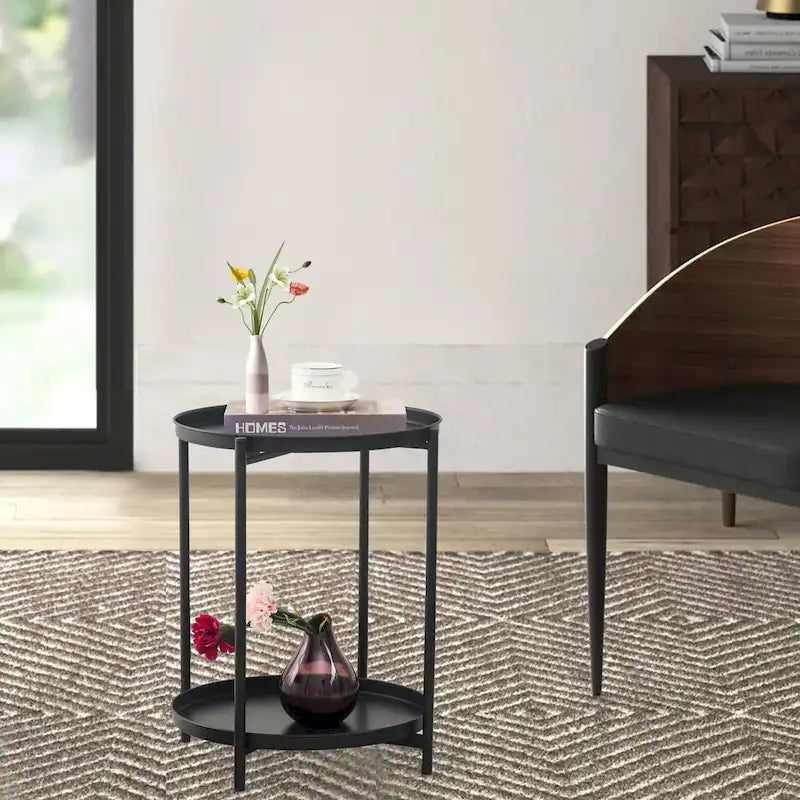 Round Metal Side Table with Removable Tray Two-Tier Gold Black End Table