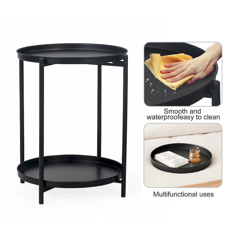 Round Metal Side Table with Removable Tray Two-Tier Gold Black End Table