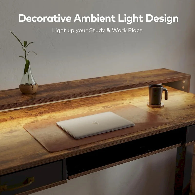 Height Adjustable Electric Standing Desk with Double Drawers Keyboard Tray and LED Strips Rustic