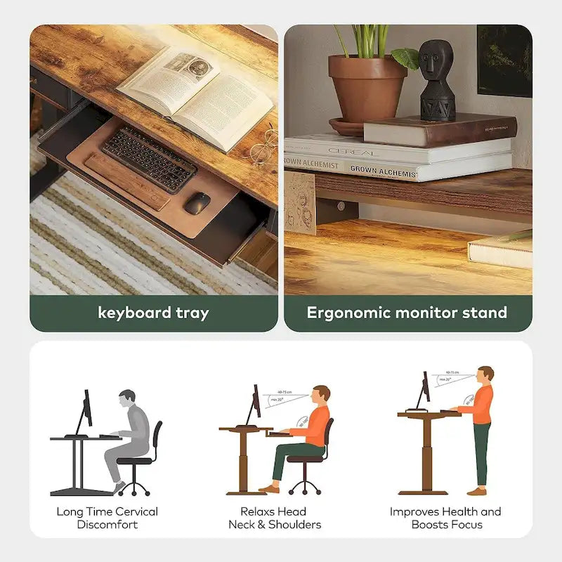 Height Adjustable Electric Standing Desk with Double Drawers Keyboard Tray and LED Strips Rustic