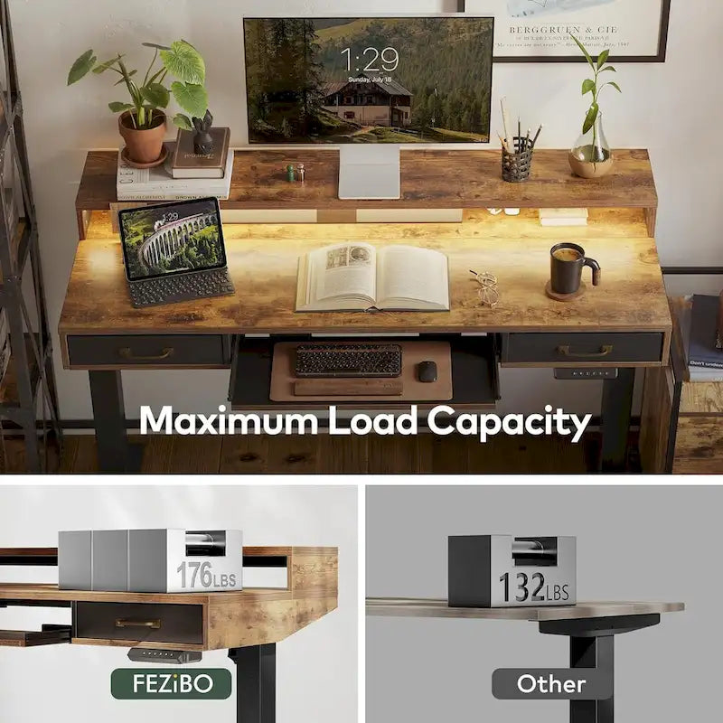 Height Adjustable Electric Standing Desk with Double Drawers Keyboard Tray and LED Strips Rustic