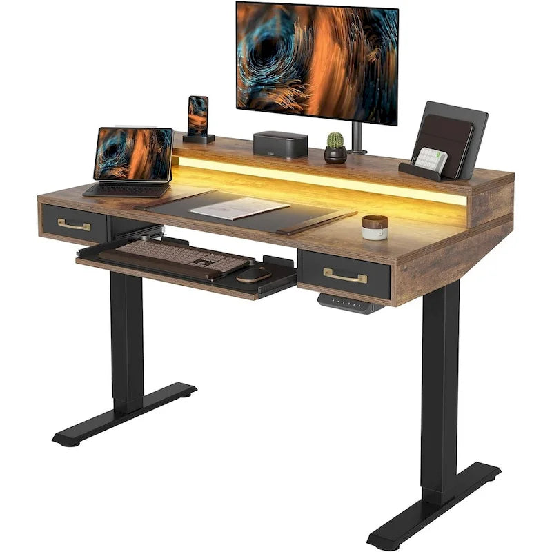 Height Adjustable Electric Standing Desk with Double Drawers Keyboard Tray and LED Strips Rustic