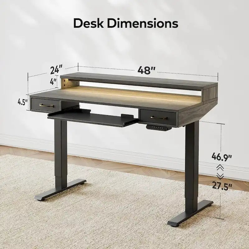 Height Adjustable Electric Standing Desk with Double Drawers Keyboard Tray and LED Strips Rustic