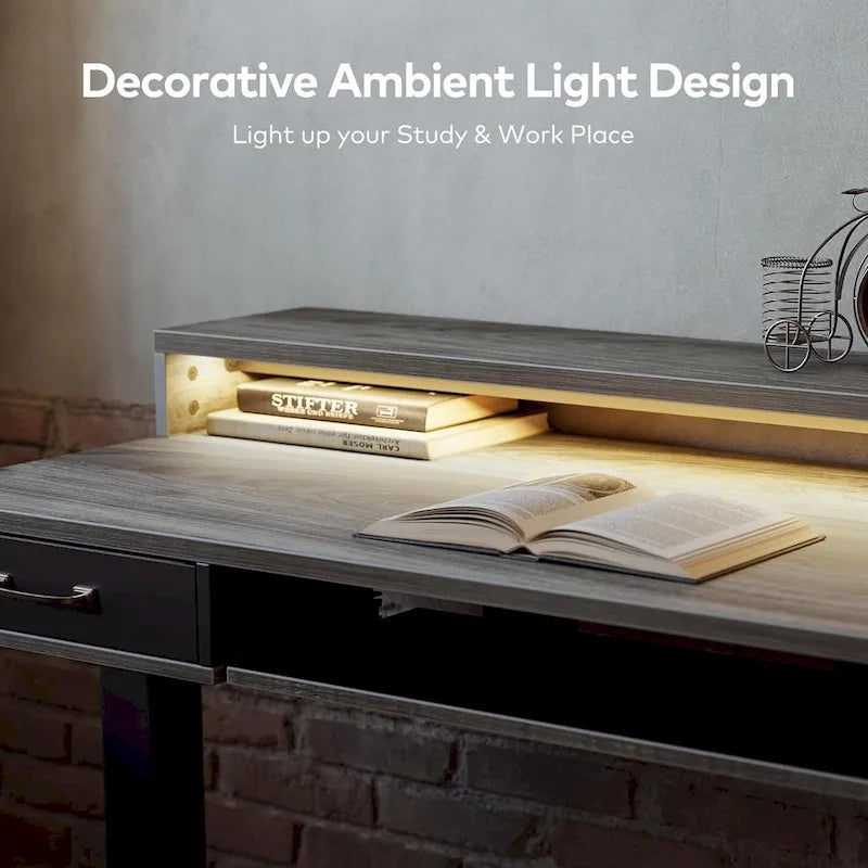 Height Adjustable Electric Standing Desk with Double Drawers Keyboard Tray and LED Strips Rustic