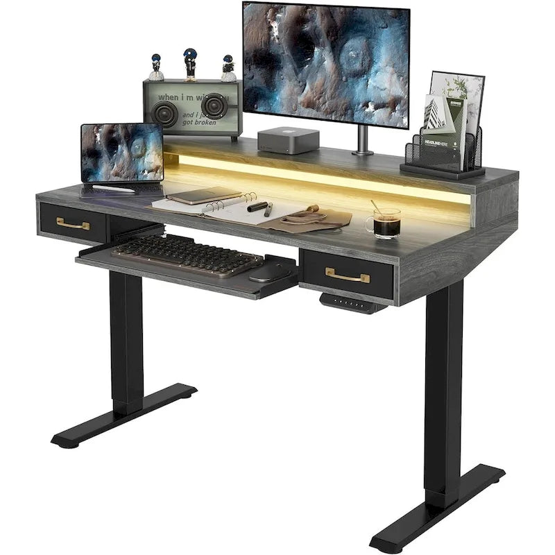 Height Adjustable Electric Standing Desk with Double Drawers Keyboard Tray and LED Strips Rustic