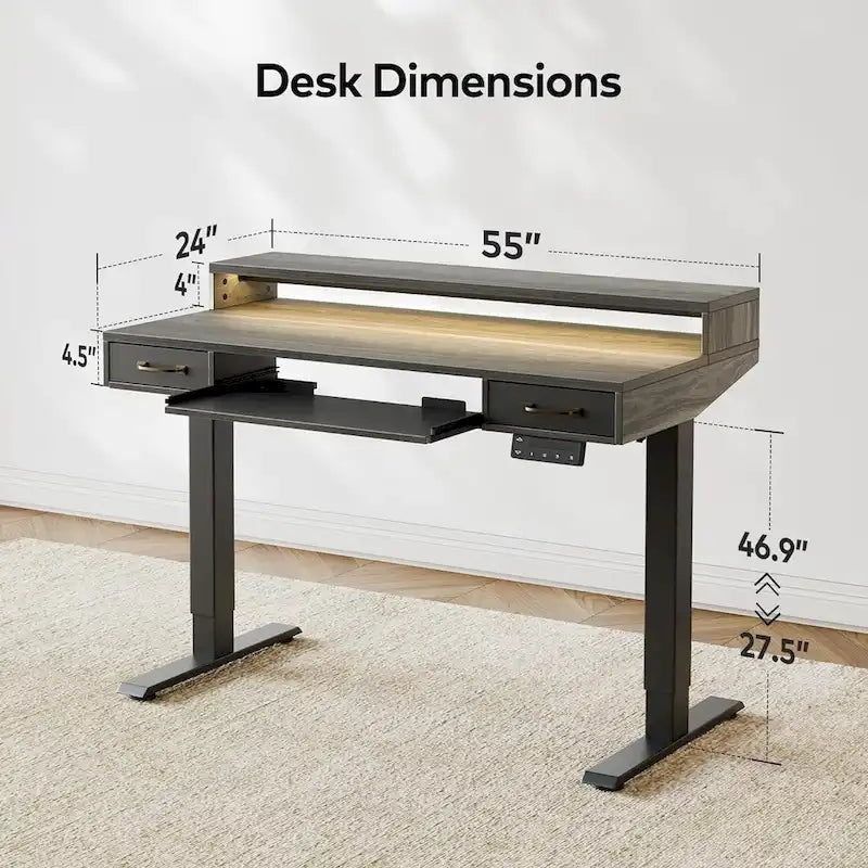 Height Adjustable Electric Standing Desk with Double Drawers Keyboard Tray and LED Strips Rustic