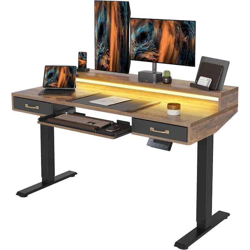 Height Adjustable Electric Standing Desk with Double Drawers Keyboard Tray and LED Strips Rustic