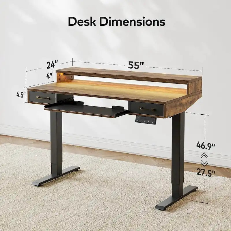 Height Adjustable Electric Standing Desk with Double Drawers Keyboard Tray and LED Strips Rustic
