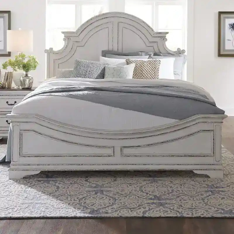 Classic European-Style Queen Panel Bed with Arched Crown Antique White