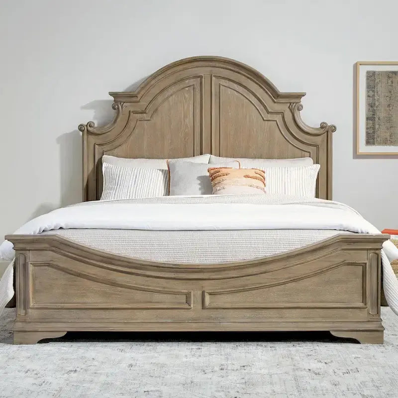 Classic European-Style Queen Panel Bed with Arched Crown Antique White