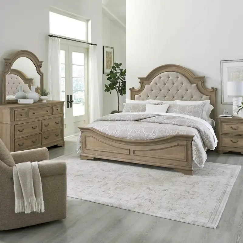 Classic European-Style Queen Panel Bed with Arched Crown Antique White