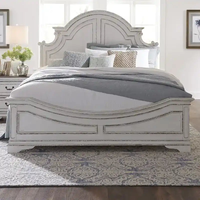 Classic European-Style Queen Panel Bed with Arched Crown Antique White