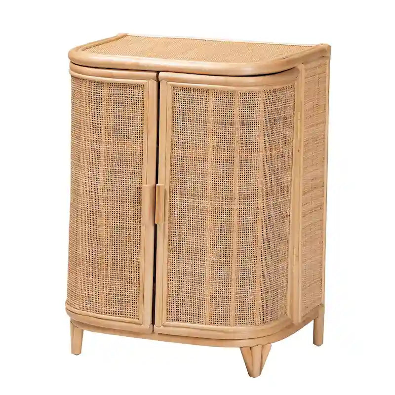 Bohemian Woven Rattan Storage Cabinet Two-Door Natural Honey Finish