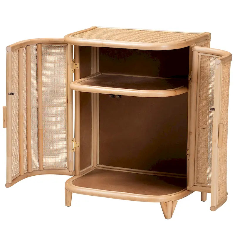 Bohemian Woven Rattan Storage Cabinet Two-Door Natural Honey Finish