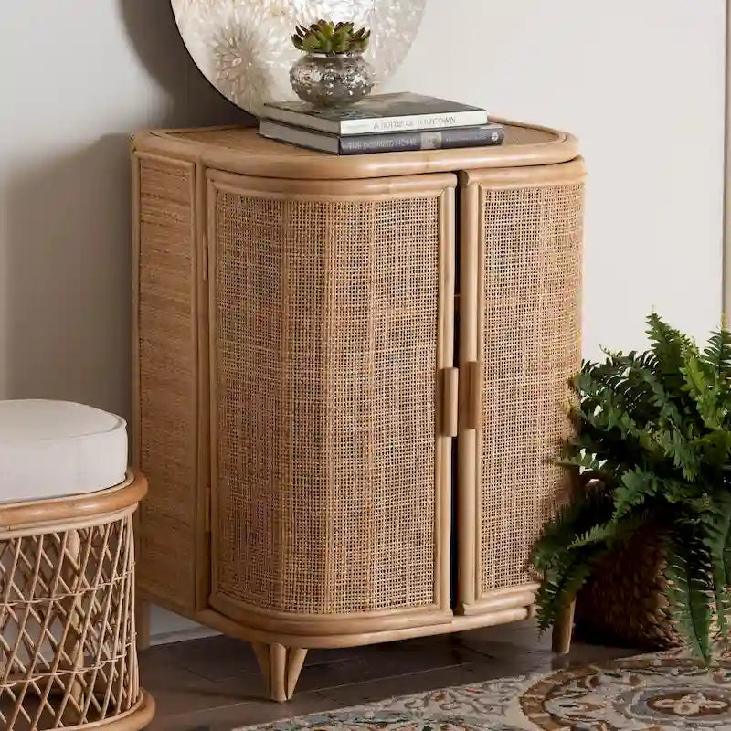 Bohemian Woven Rattan Storage Cabinet Two-Door Natural Honey Finish