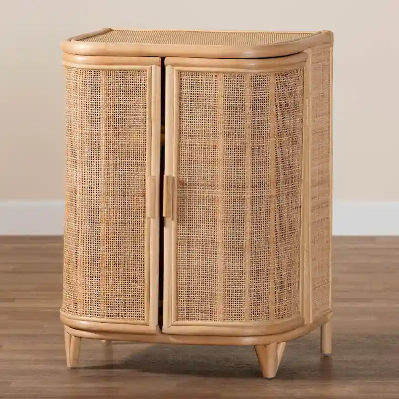 Bohemian Woven Rattan Storage Cabinet Two-Door Natural Honey Finish