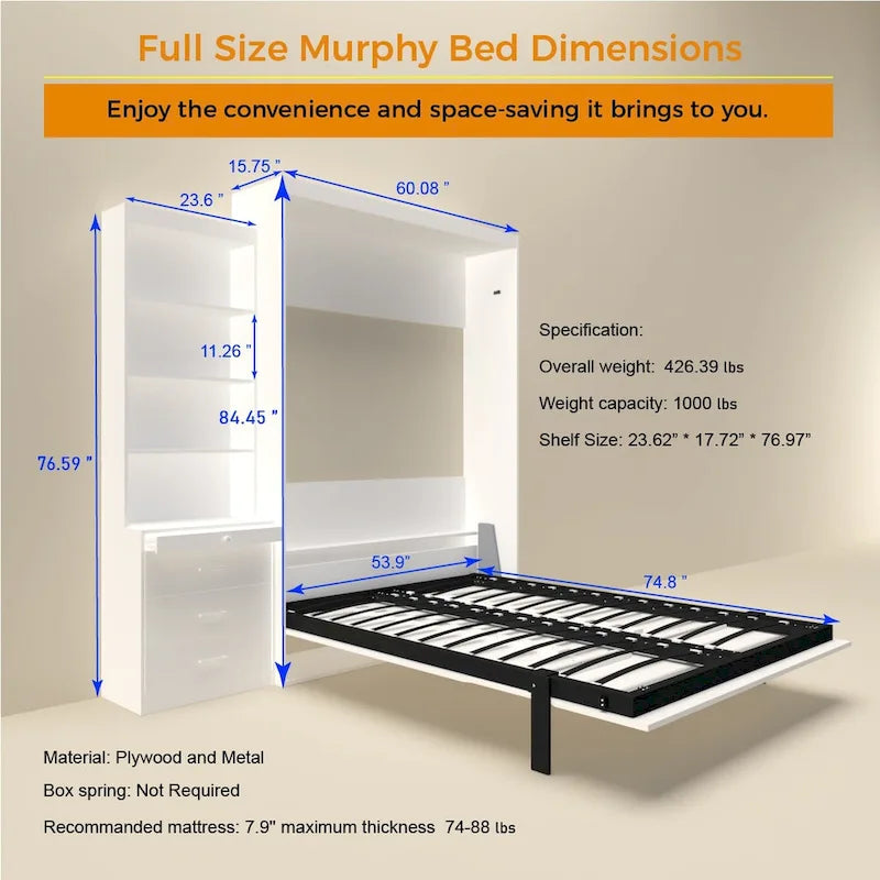 Morden Deisgn Full Size Vertical Murphy Bed with Shelf and Drawers