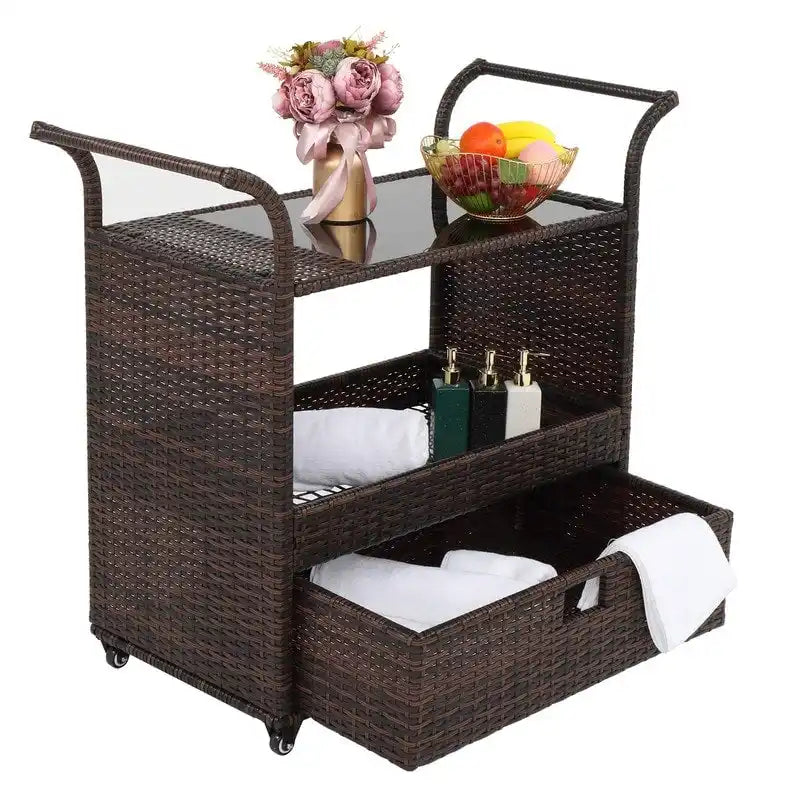 Outdoor/Indoor Wicker Bar Cart with Storage Cabinet