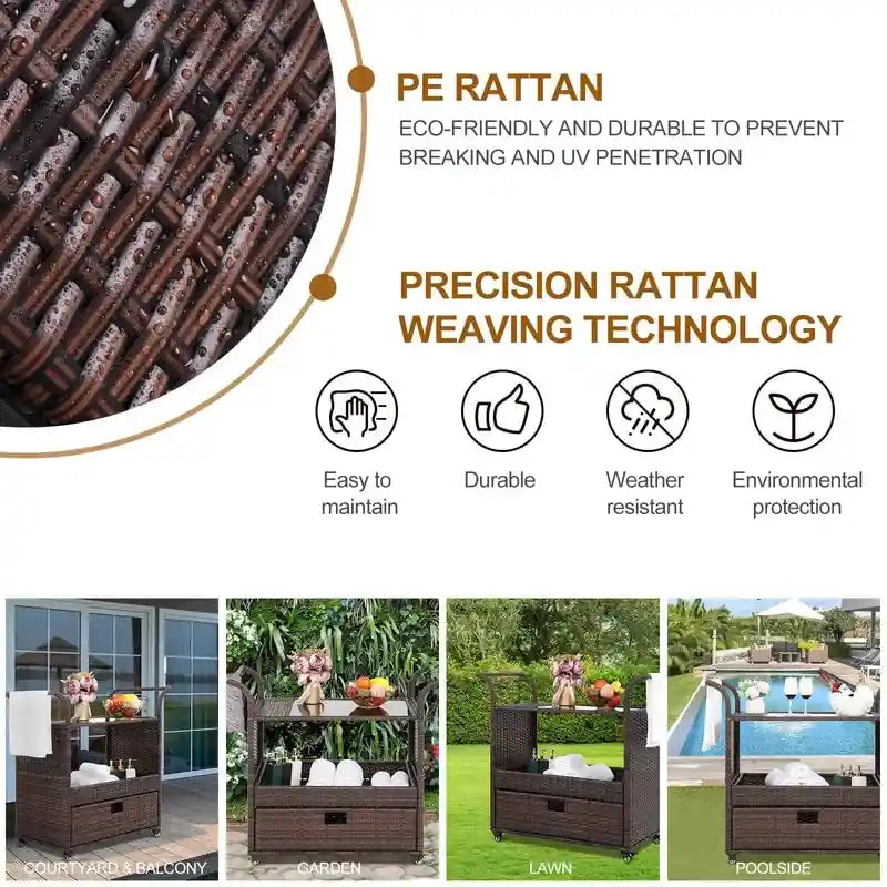 Outdoor/Indoor Wicker Bar Cart with Storage Cabinet