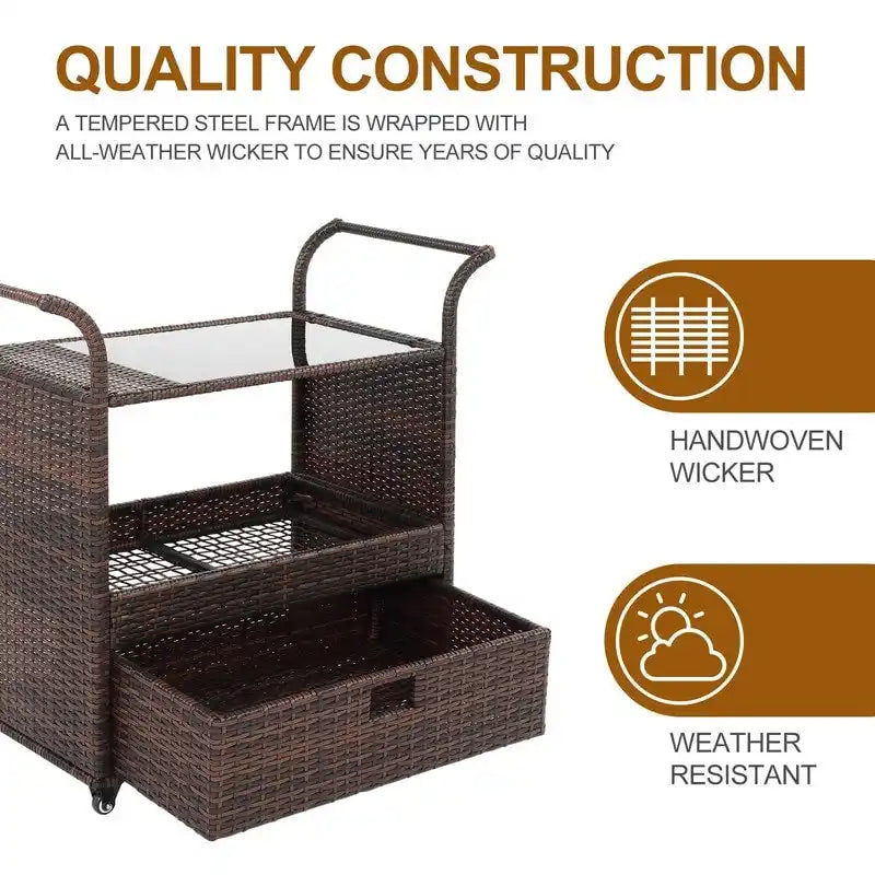Outdoor/Indoor Wicker Bar Cart with Storage Cabinet