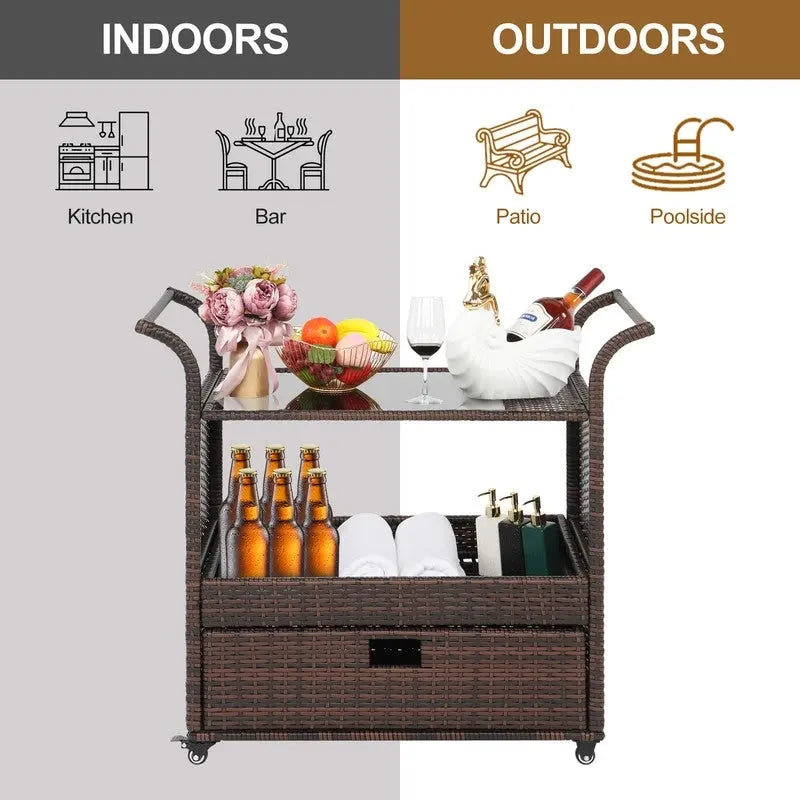 Outdoor/Indoor Wicker Bar Cart with Storage Cabinet
