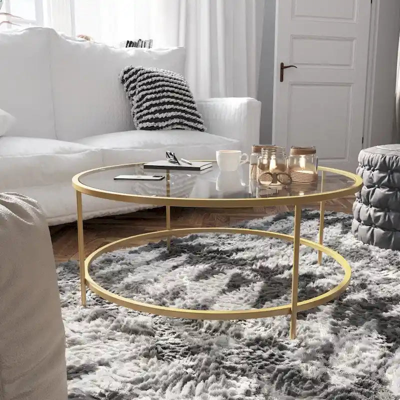 Round Tempered Glass Coffee Table with Powder-Coated Metal Frame Clear Gold