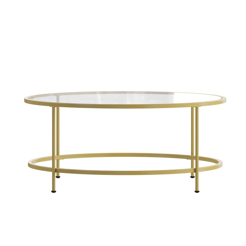 Round Tempered Glass Coffee Table with Powder-Coated Metal Frame Clear Gold