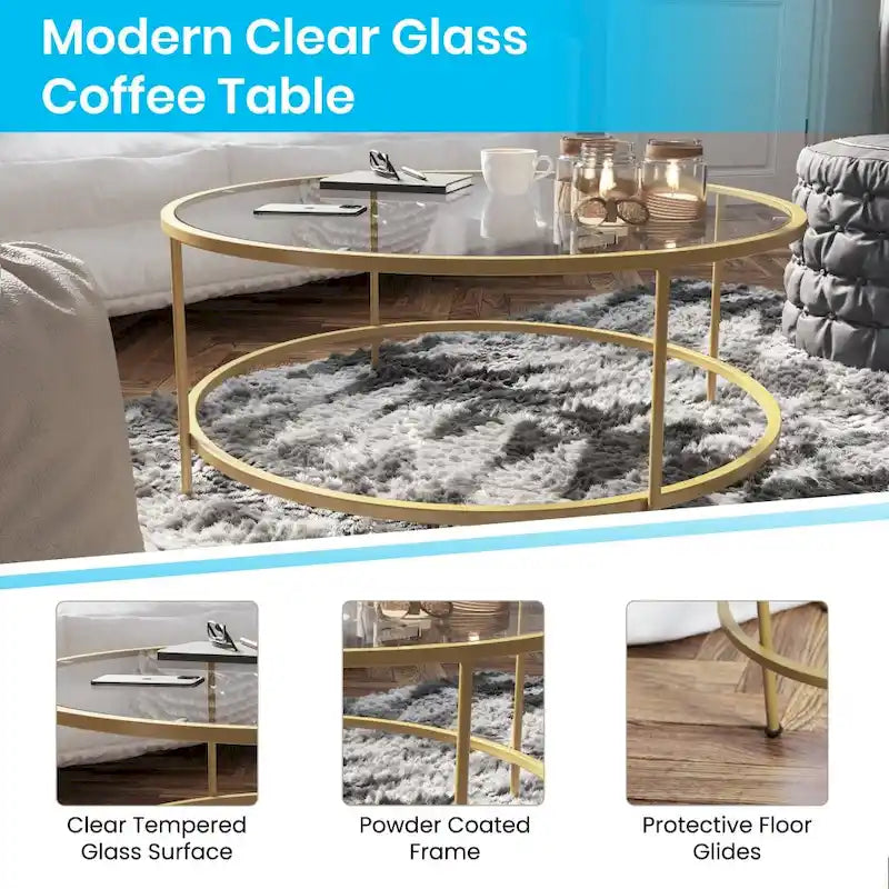 Round Tempered Glass Coffee Table with Powder-Coated Metal Frame Clear Gold
