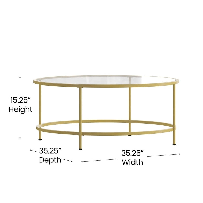 Round Tempered Glass Coffee Table with Powder-Coated Metal Frame Clear Gold