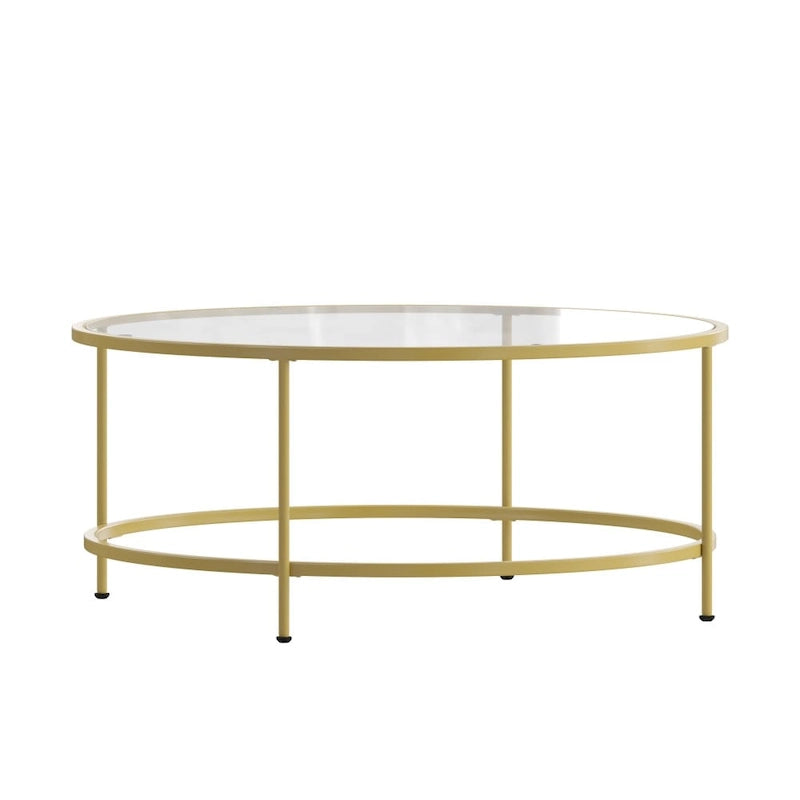 Round Tempered Glass Coffee Table with Powder-Coated Metal Frame Clear Gold
