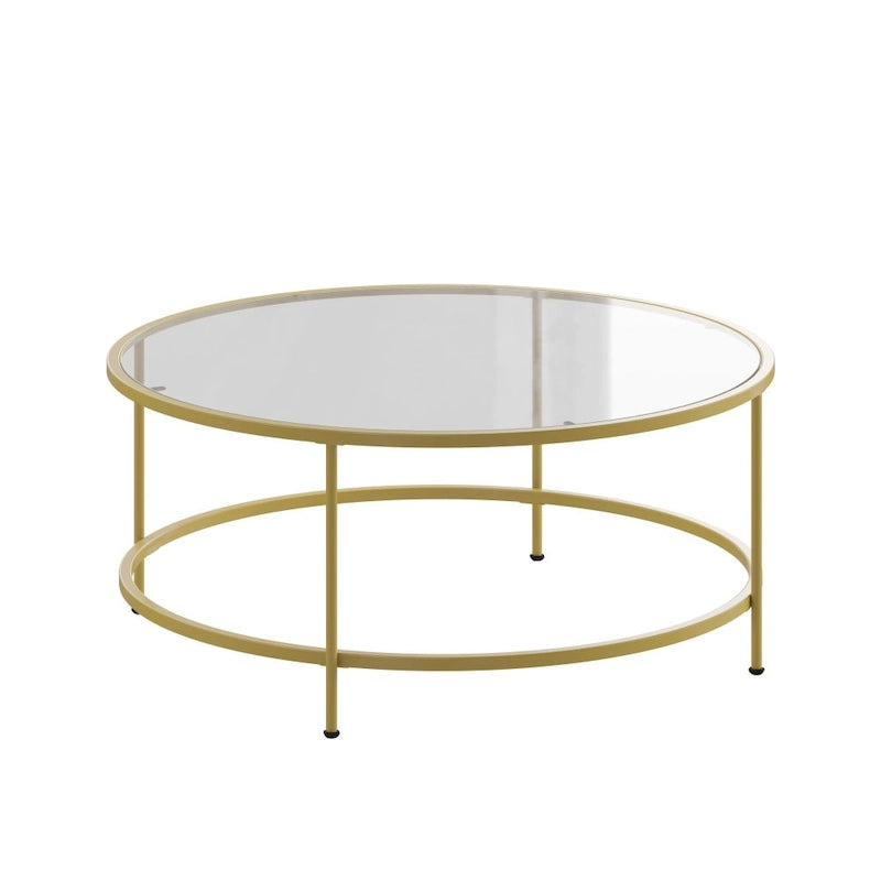 Round Tempered Glass Coffee Table with Powder-Coated Metal Frame Clear Gold