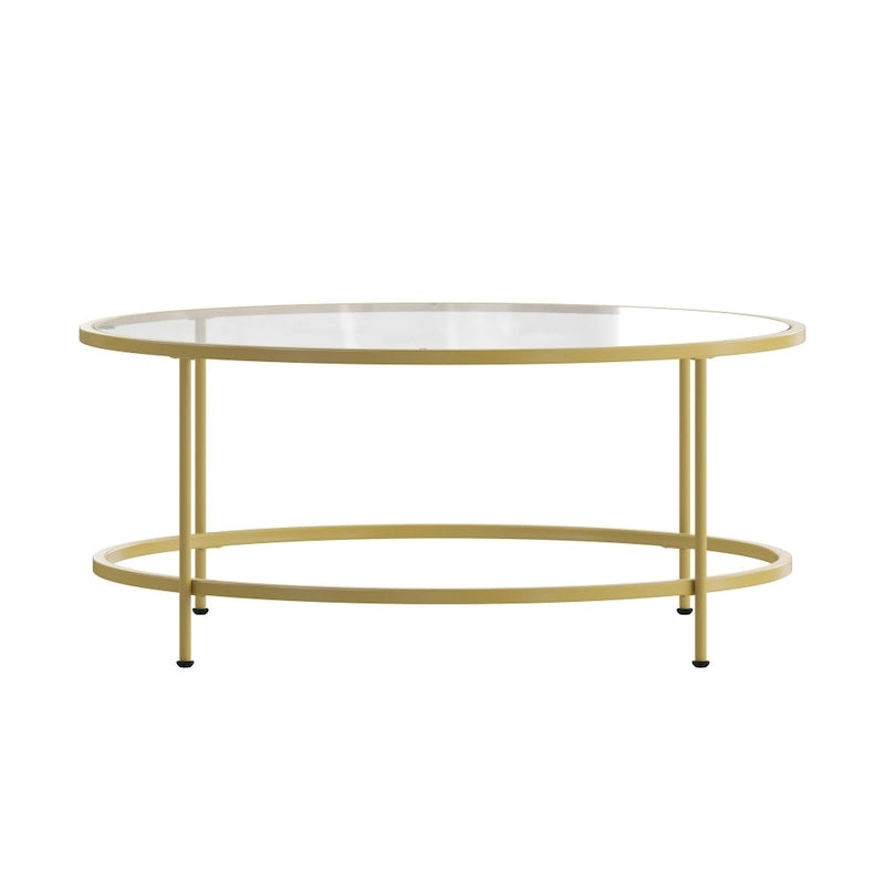 Round Tempered Glass Coffee Table with Powder-Coated Metal Frame Clear Gold