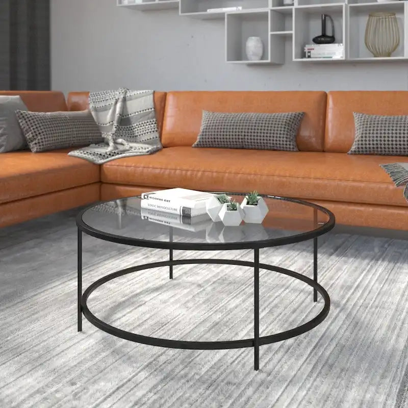 Round Tempered Glass Coffee Table with Powder-Coated Metal Frame Clear Gold