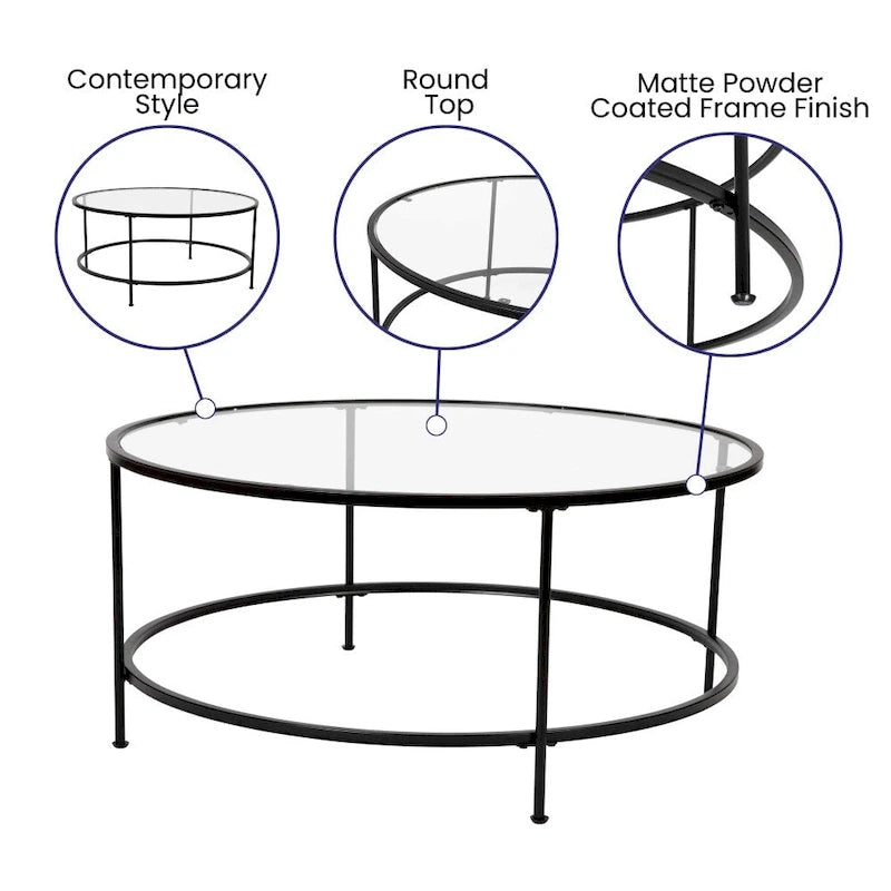 Round Tempered Glass Coffee Table with Powder-Coated Metal Frame Clear Gold