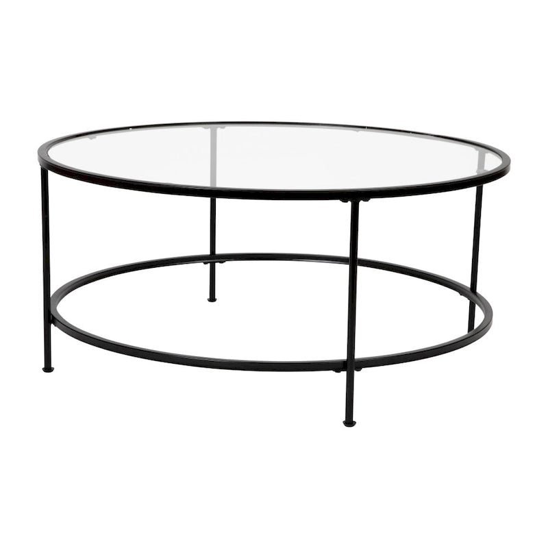 Round Tempered Glass Coffee Table with Powder-Coated Metal Frame Clear Gold